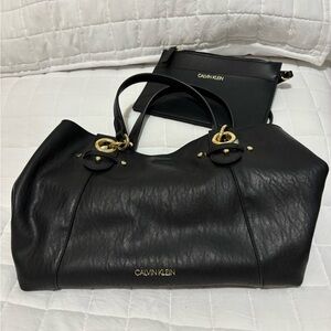 Calvin Klein Black Leather Purse Tote Bags with Gold Accents